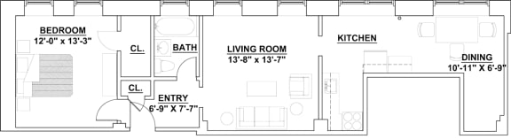 One Bed One Bath B03 615 Sq.Ft. Floor plan at The Regent, Brookline, Massachusetts