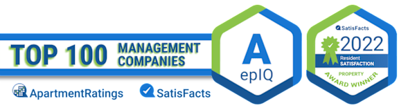 The image displays a badge for "Apartment Management Companies" with a grade of 'A' from epiQ and a "2022 Resident Satisfaction Award Winner" badge from Satisfacts.