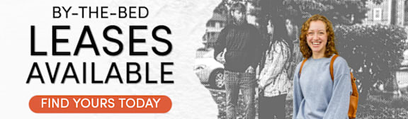 A woman with a backpack is standing in front of a sign that says "BY-THE-BED LEASES AVAILABLE FIND YOURS TODAY".