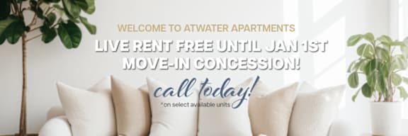 A promotional image for Atwater Apartments offering a free live-in period until January 1st.