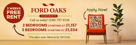 An advertisement for Ford Oaks Apartments offering 3 weeks free rent.