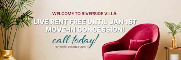 A red chair is in the foreground of an image advertising a free live rent at Riverside Villa until January 1st.