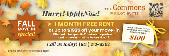 An advertisement for a fall move-in special at The Commons @ Pilot Butte offering a free month's rent or up to $1925 off for a move-in before November 15.