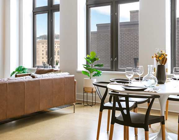 Daylight view of living room at The Ferguson Downtown Detroit Apartments, Detroit, MI