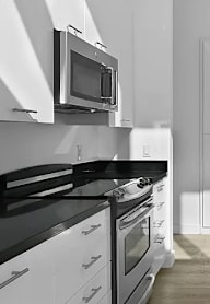 A black and white kitchen with a sink and a microwave.
