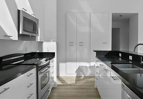A black and white kitchen with a sink and a microwave.