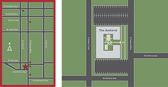 A map with a red star and a green area with a building in it.