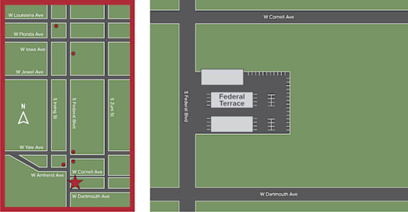 A map of a city block with streets and a Federal Terrace building.