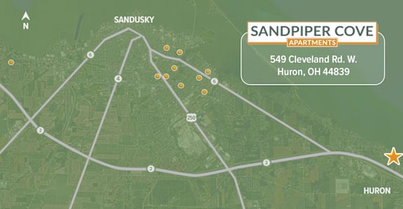 A map showing the location of Sandpiper Cove Apartments at 549 Cleveland Rd. W. Huron, OH 44839.