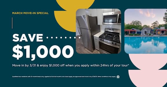 A promotional image offering a $1,000 discount for moving in by March 31.