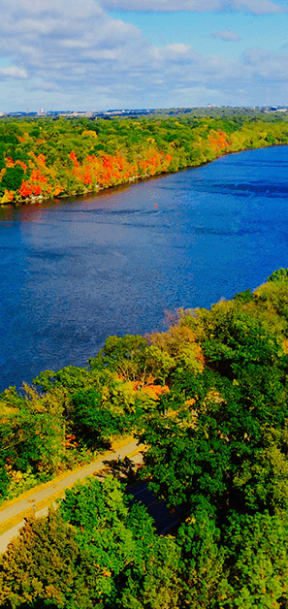 arial view of the niagara river with fall foliage on both sides