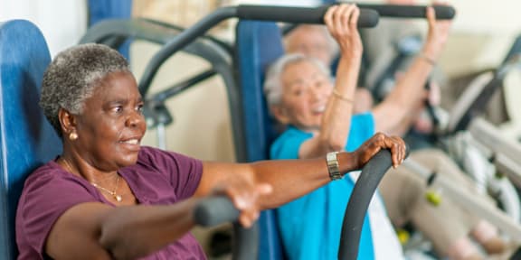 Two elderly people exercising on a machine.