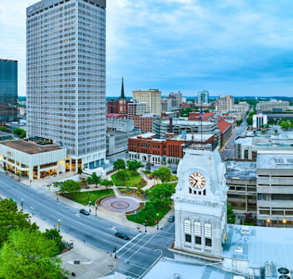 A cityscape with a mix of modern and traditional architecture.