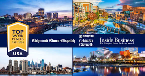 A collage of four images showcasing different cityscapes with the text "TOP WORK PLACES 2021-2025 USA" prominently displayed.