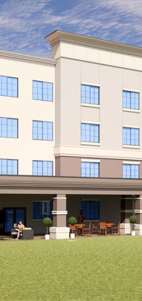 a rendering of a hotel with a lawn and trees