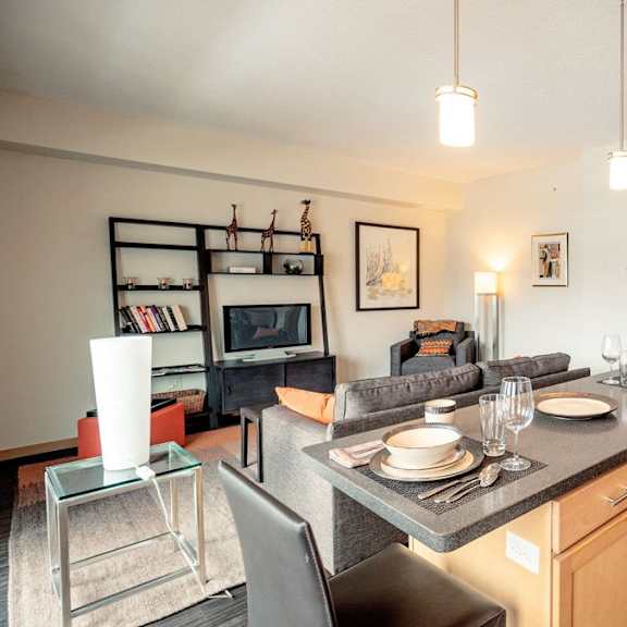 a living room with a kitchen and a dining table