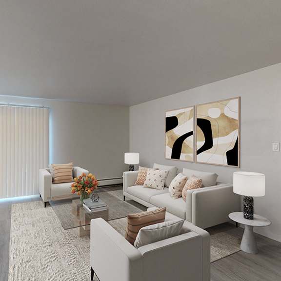 A modern living room with a grey couch and a painting on the wall.