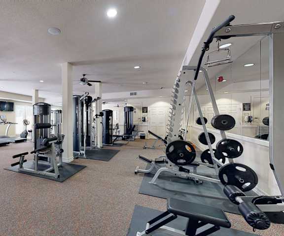 The fitness center with treadmills, ellipticals, free weights, weight machines, and other exercise equipment at Bela Rosa.