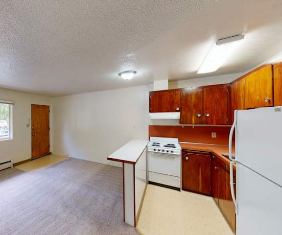 An empty living room with carpeting and kitchen with a front door at Country Lane Apartments. 