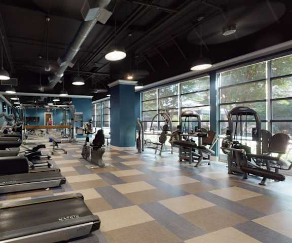 A gym with cardio machines, windows, TVs, and weights at Lofts at Watters Creek Apartments. 