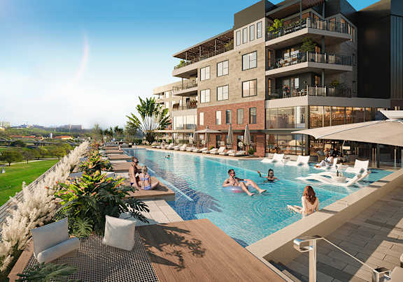 a rendering of an apartment building with a swimming pool