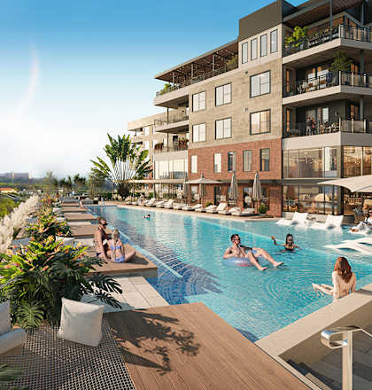 a rendering of an apartment building with a swimming pool