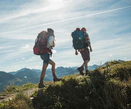 Two hikers with backpacks are seen from behind, walking on a mountain trail.