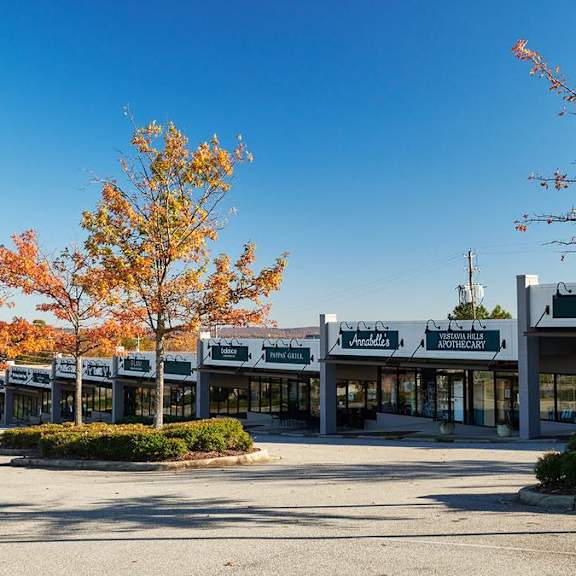 A row of stores with trees in front of them.