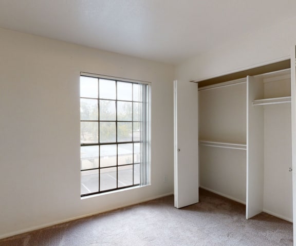 a bedroom with a large window and two closets