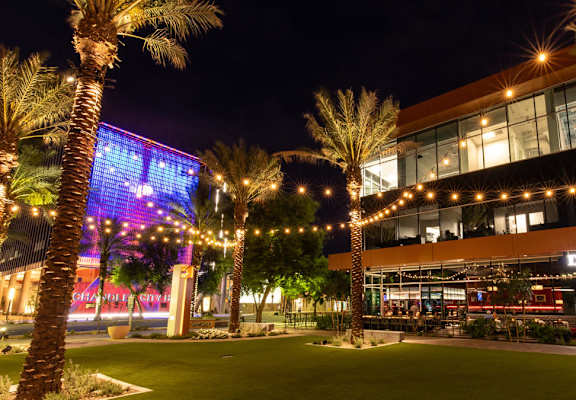 A DC Steak House is lit up at night with palm trees in the foreground.