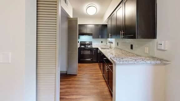A modern kitchen with dark wood cabinets and a marble countertop.