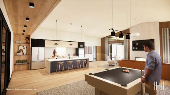 Rendering of apartment clubroom with vaulted ceilings, kitchen, and pool table