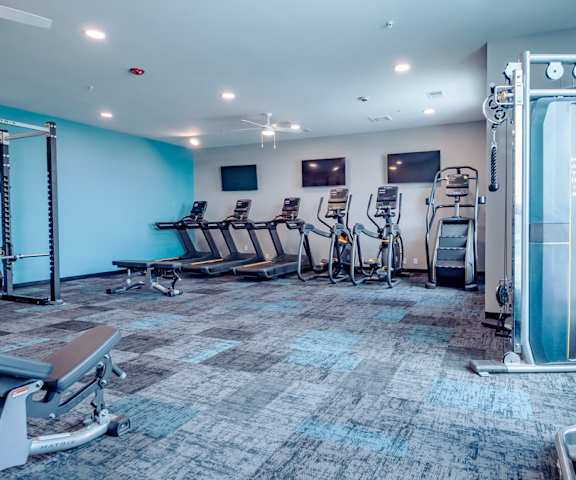 A spacious gym with cardio machines, windows, TVs, and weights at Van Buren East Apartment Homes. 