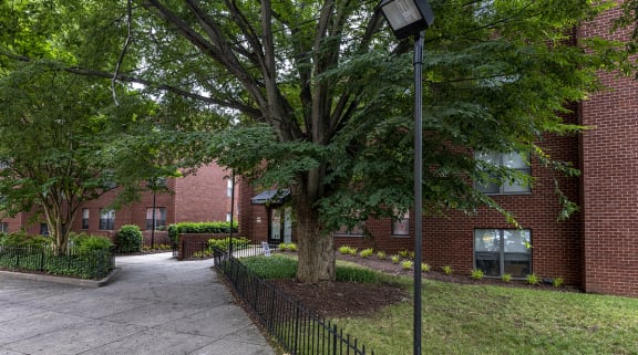 a sidewalk in front of a brick building with a tree