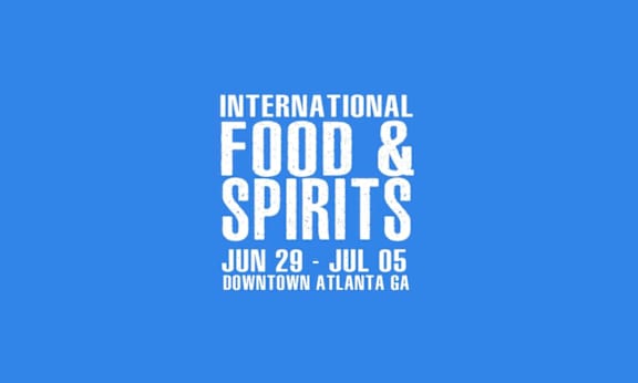 A blue poster advertising the International Food and Spirits event in Downtown Atlanta, GA from June 29 to July 5.
