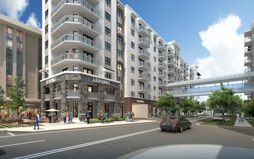 a rendering of a large apartment building with a glass walkway over the street