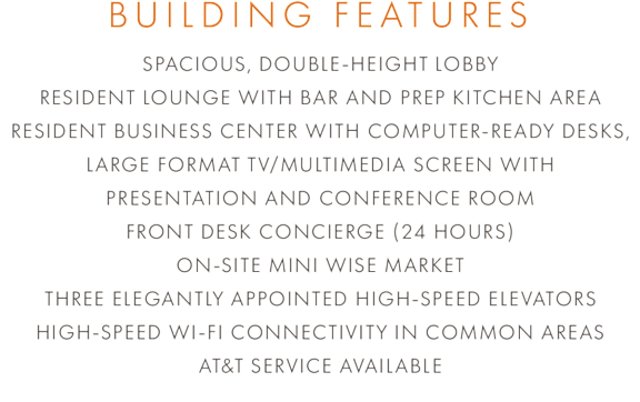 A list of building features including a lobby, business center, and high-speed Wi-Fi.