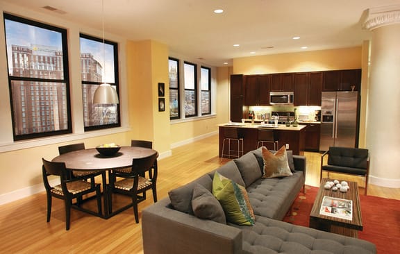 Living Room With Kitchen at The Laurel Apartments, Saint Louis