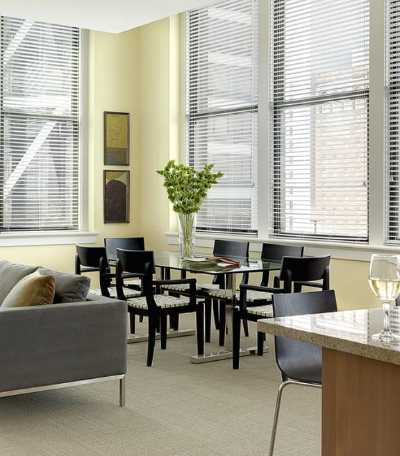 a living room with a couch and a table and chairs in a room with windows at The Laurel Apartments, Saint Louis, 63101