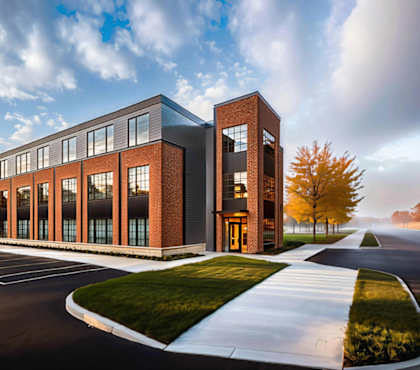 A modern building with a parking lot in front.