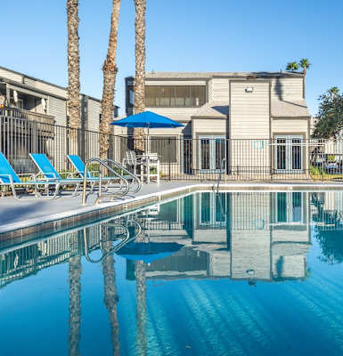 A swimming pool with a reflection of the surrounding palm trees and buildings.