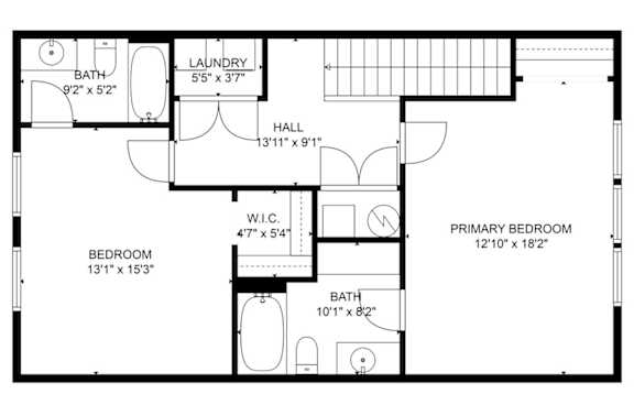 A black and white image of a floor plan for a home with a laundry room, hall, and two bedrooms.