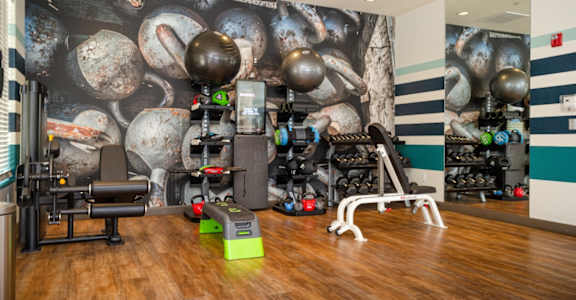 a large fitness room with weights machines and a large mural on the wall