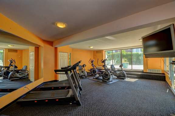 a gym with exercise equipment and a tv on the wall