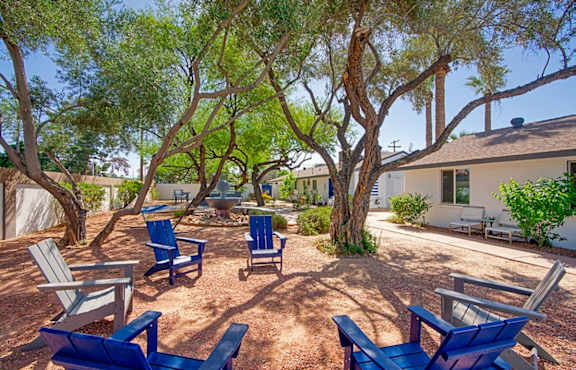 A backyard with blue chairs and a tree.