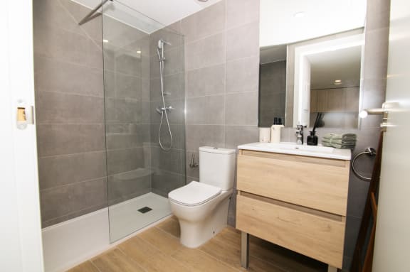 a bathroom with a shower and a sink and a toilet