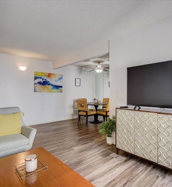 our apartments have a living room and dining room with a flat screen tv