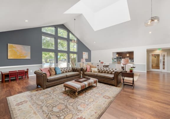 a living room with two couches and a rug