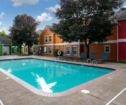 A swimming pool surrounded by chairs and trees.