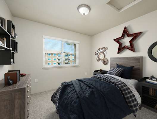 A bedroom with a bed, a dresser, and a window with blinds at VISTA CREEK Apartments, Nevada, 89029